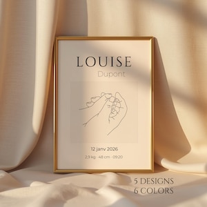 Peut inclure: Une affiche encadrée avec le nom LOUISE Dupont, un dessin au trait noir représentant deux mains qui se tiennent, et les détails 12 janv 2026, 2,9 kg, 48 cm, 09:20. Le texte 5 DESIGNS 6 COLORS est visible en bas à droite de l'image.