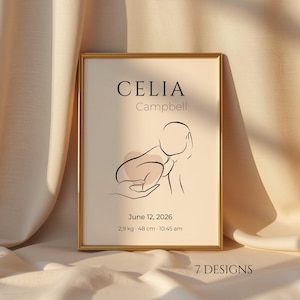 Peut inclure: Une affiche de naissance encadrée avec un dessin au trait noir représentant une main tenant un bébé. Le texte indique CELIA Campbell, 12 juin 2026, 2,9 kg, 48 cm, 10h45. Le design est sur un fond crème avec une forme de cœur rose pâle.