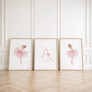 Personalized Ballerina Nursery Prints Set of 3, Pink Ballet Wall Art, Girl Nursery Decor, Custom Name Initial, Baby Girl Room Decor