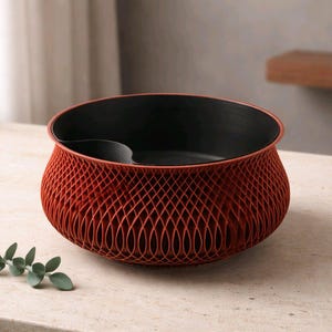 May include: A decorative bowl with a unique design. The exterior features a lattice pattern in a reddish-brown color, while the interior is black. The bowl has a distinctive shape, perfect for displaying items or as a centerpiece.