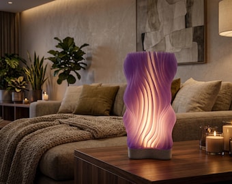 Gewellte Seifenblasen Tischlampe | 3D Gedruckt Lichtdurchlässig Lila PLA, Marmorsockel, Japandi Beleuchtung