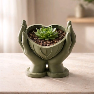 May include: A sage green heart-shaped planter held by two hands. The planter contains soil and a green succulent plant. The hands and planter are made of a smooth material. The planter is a decorative item for indoor plants.
