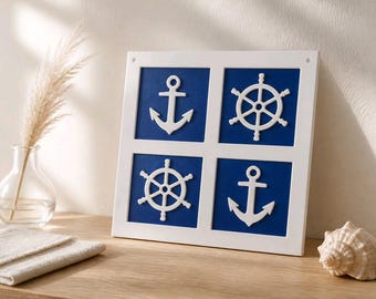 Decoración de pared náutica Japandi: Ancla, timón de barco, conjunto de 4 paneles (impreso en 3D)