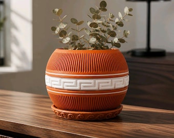 Maceta Olympia / Maceta moderna de interior con diseño de llave griega y bandeja de goteo (impresa en 3D)