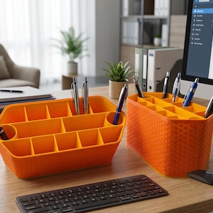 Peut inclure: Deux organisateurs de bureau en plastique orange vif dotés de multiples compartiments pour le rangement de papeterie. Chaque récipient présente un motif alvéolé texturé sur les côtés extérieurs et contient divers stylos.