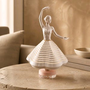 Op de afbeelding: Een witte porseleinen ballerinafiguur met sierlijk uitgestrekte armen. Het beeldje heeft een gedetailleerde rok met horizontale lijnen en een gouden accent. De basis is lichtroze van kleur. Het beeldje is een decoratief item.