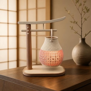 May include: A table lamp featuring a light wood frame shaped like a torii gate. A pear-shaped lantern hangs from the horizontal beam, displaying a textured cream-colored upper section and a glowing orange lower section with a geometric star pattern.