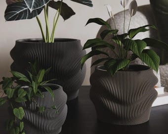 Conjunto de vasos autoirrigáveis Fjord Wave | Vaso de flores escandinavo 3D com nervuras