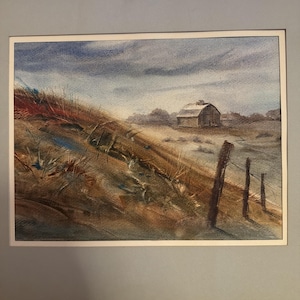 Vintage Farm Nature Landscape Scene Watercolor artwork unsigned matted