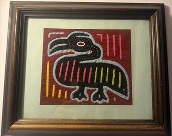 Kuna Indian Panama Mola Textile Bird Matted Framed Multicolored Folk Art Vtg