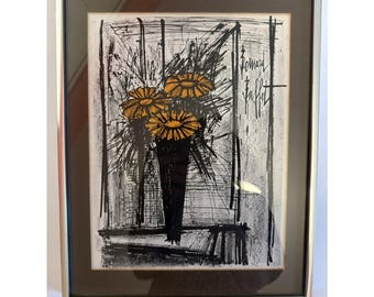 Bernard Buffet Original Signed Lithograph FLOWER Framed 14x11 w/ COA Mid-Century