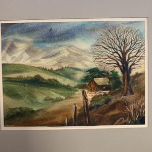 Mountain Cabin Landscape Original Watercolor Artwork Unsigned Matted