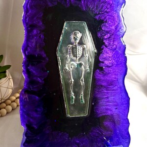 Purple Gothic Resin Serving Tray with Skeleton Coffin Design, Handmade Halloween Charcuterie Tray, Spooky Home Decor, Unique Resin Art