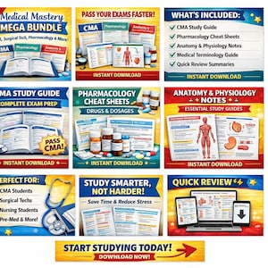 Può includere: Una raccolta di guide allo studio e risorse per gli esami di certificazione medica. Include guide allo studio CMA, foglietti illustrativi di farmacologia, note di anatomia e fisiologia e guide di terminologia medica. Contiene il testo "Medical Mastery MEGA BUNDLE" e "Instant Download".