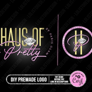 Peut inclure: Un logo avec le texte doré HAUS OF, une police cursive rose Pretty et un diamant. À droite, un emblème circulaire contient un H doré, un P cursif rose et un diamant. Le texte inclut BY PARIS GLAM et DIY PREMADE LOGO sur fond noir.