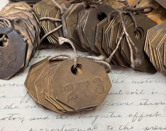Antique numbered brass tags 200s - locker key tag - vintage tool tag - steampunk brass tag - octagon brass tag - tool check - brass token