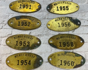 Vintage Membership year oval brass tags - ONE tag- pick the year - vintage  key tags - tool tags - steampunk brass tag - oval brass tag