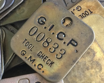 Antique square Numbered Brass tool check tags -  gmc cheverolet keychain - chevy key chain - industrial brass metal tags - steampunk tag