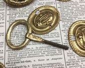Vintage Brass Cabinet Knob or Drawer Pull -Neat small brass metal door Pulls - antique hardware salvage - brass backplate