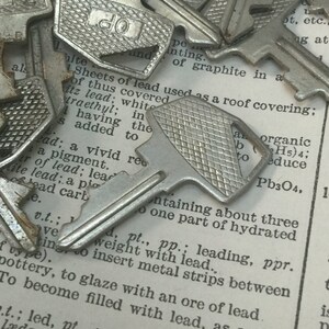 May include: A close-up of a pile of silver keys on top of a page from a dictionary. The page contains a definition for the word "lead" and includes the text "Sheets of lead used as a roof covering".