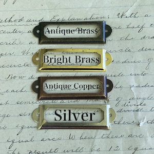 Porta etichette in metallo in stile vintage per cassetti - Scegli il colore - porta etichette in ottone antico - etichetta da farmacia, catalogo a schede - armadietto della biblioteca