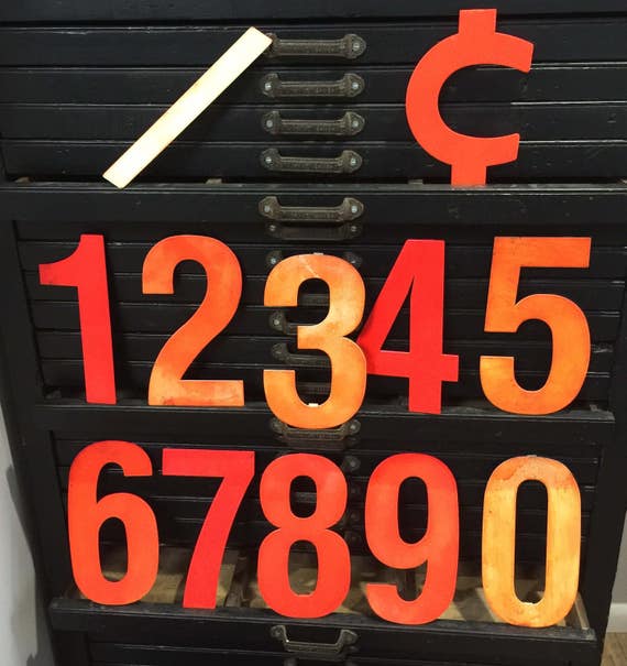 Vintage Industrial 8" Metal gas station numbers - Steel Sign price number - salvaged metal marquee number -red metal sign numbers - old meta