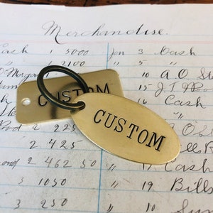 Custom hand punched brass and metal tag - 2"x1"  Oval or Rectangle hand stamped key tag -  key fob - pet tag - custom engraved tag -