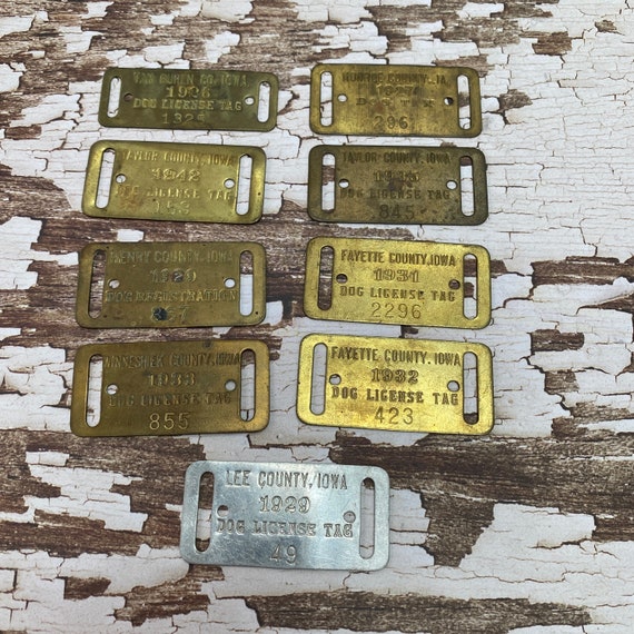 Vintage Iowa dog tag- ONE -Brass dog tax tag  - dog tax 1920's-1930's  - dog id tag - gold tag - dog tax - brass dog tag