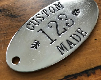 Custom hand punched oval Hotel Room Key Tags -  Nickel plated brass oval key chain fob - silver cow tag - bull ear tag -  numbers or letters