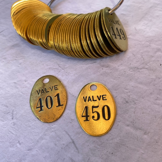 Vintage Valve oval brass tags 400's - ONE tag- pick the number - vintage  key tags - tool tags - steampunk brass tag - oval brass tag