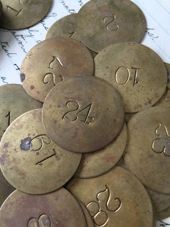 Set of 3 - Antique numbered round brass locker tags - vintage room key tags - tool tags - steampunk brass tag - brass tag