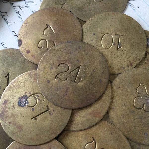 Set of 3 - Antique numbered round brass locker tags - vintage room key tags - tool tags - steampunk brass tag - brass tag