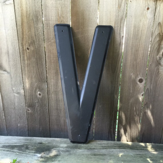 24" Vintage Industrial Metal Marquee Letter V - Black metal - NOS Steel Sign Letter - salvaged black metal letter -beveled metal letter