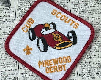 Vintage sew on patch - Cub Scouts Pinewood Derby - racecar - vintage car patch - vintage boy scouts patches - vintage novelty patch -