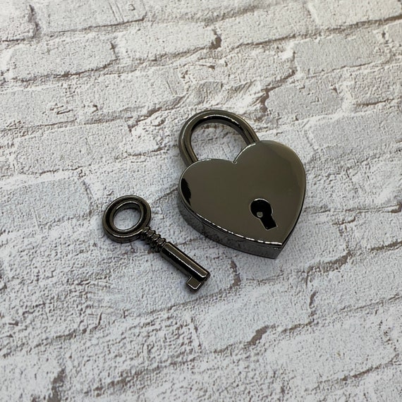 Vintage style mirrored black heart padlock hematite - small jewelry box lock - luggage lock - small key lock - lock and key Valentine's