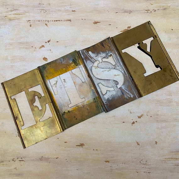 Antique Brass stencil serif Letters and Numbers 4" - Vintage brass stencil - industrial stencil - metal stencil - rustic letter- industrial