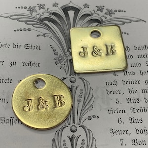 Monogram initials custom handmade gift, personalized hand stamped brass key tag, zipper charm, purse charm, key chain fob gift under 10