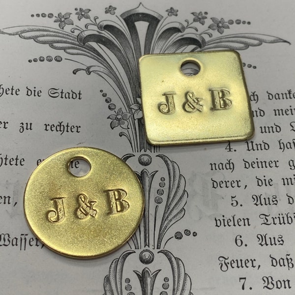 Monogram initials custom handmade gift, personalized hand stamped brass key tag, zipper charm, purse charm, key chain fob gift under 10