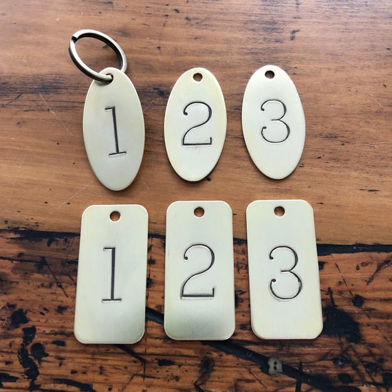 Hand punched brass numbered tags -  Custom numbered locker tags - rectangle or oval number plates - hotel room numbers