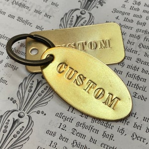 Custom hand punched brass and metal tag - Oval or Rectangle hand stamped key tag -  key fob - pet tag - custom engraved tag - hotel key tag