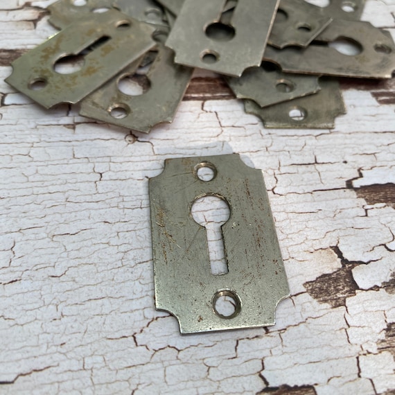 Vintage nickel plated square escutcheon  -small  keyhole - antique  charm - keyhole pendant - key plate - vintage hardware - keyhole