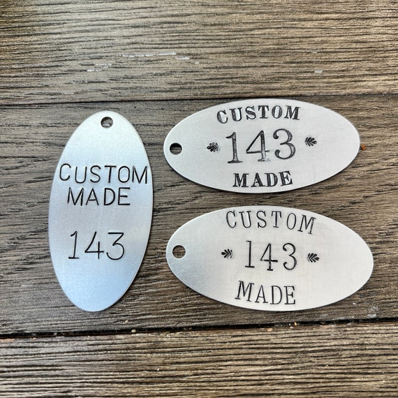 Aluminum Custom hand punched Hotel Room Key Tags -  key chain fob - silver cow tag - bull ear tag -  numbers or letters on solid metal tags