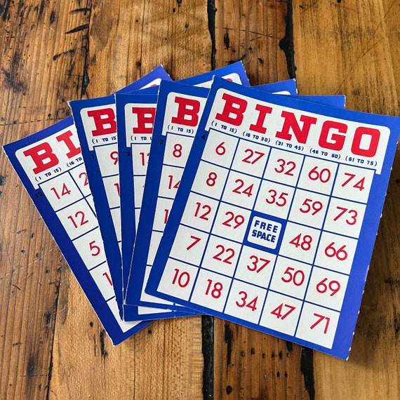 Vintage blue cardboard Bingo Cards - set of 5 - bingo game pieces - wedding bingo - retro bingo