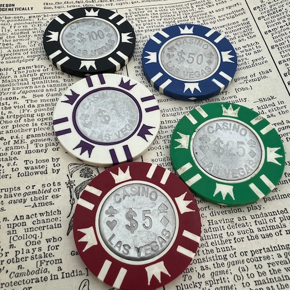 Vegas Casino token  - set of 5- gambling tokens - Plastic and  metal chips- used tokens