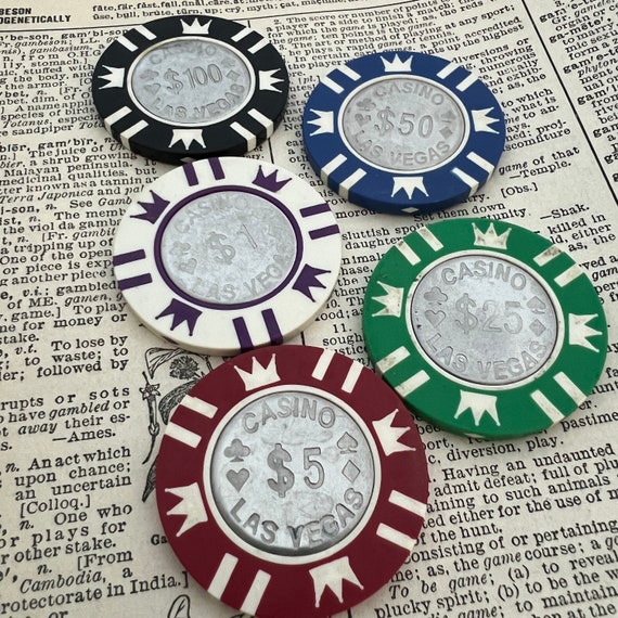 Vegas Casino token  - set of 5- gambling tokens - Plastic and  metal chips- used tokens