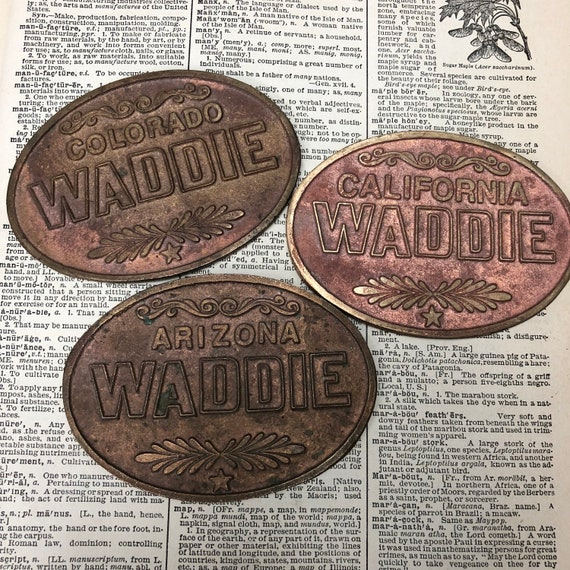 Waddie - vintage brass belt buckle Front only- Choose AZ, CA, CO old metal Buckle front - no clasp - ornate brass buckle