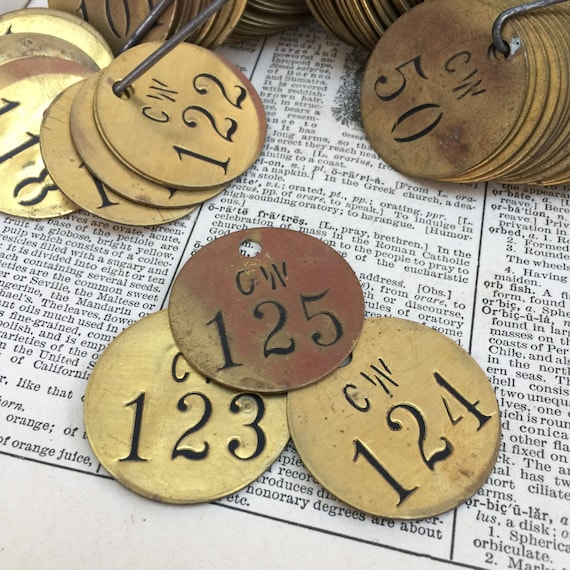 Antique numbered Brass tags - set of 3 - black numbers on solid metal tags
