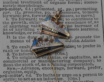 May include: Two vintage enamel pins featuring the Queen Mary ocean liner. The pins are black with gold trim and feature the ship's name in white lettering. The pins are on a white background with text about the word "promote".