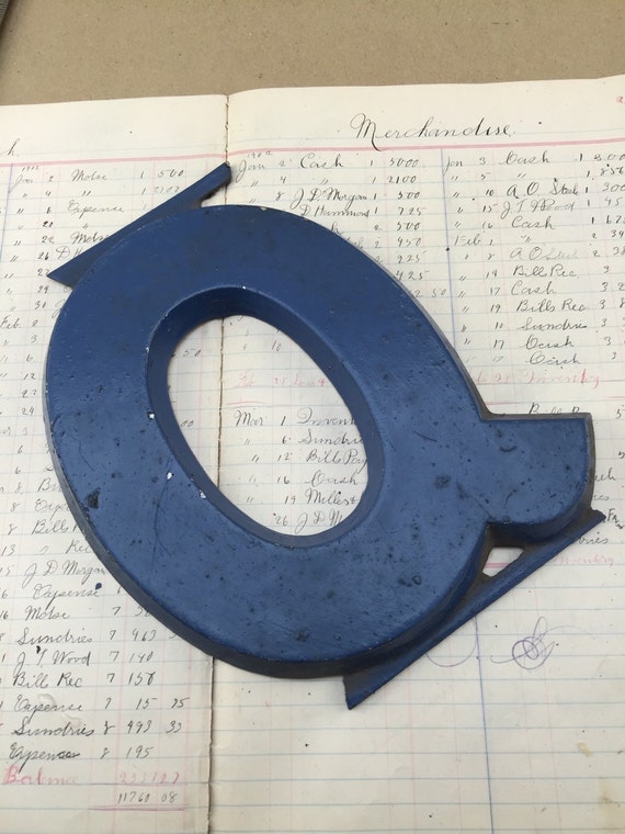Industrial blue Metal Marquee letter Q- Vintage Aluminum marquee sign letter  - Assemblage supply - Heavy Worn chippy distressed  9" tall