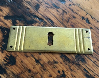Vintage ornate rectangle escutcheon plate - keyhole - antique brass hardware